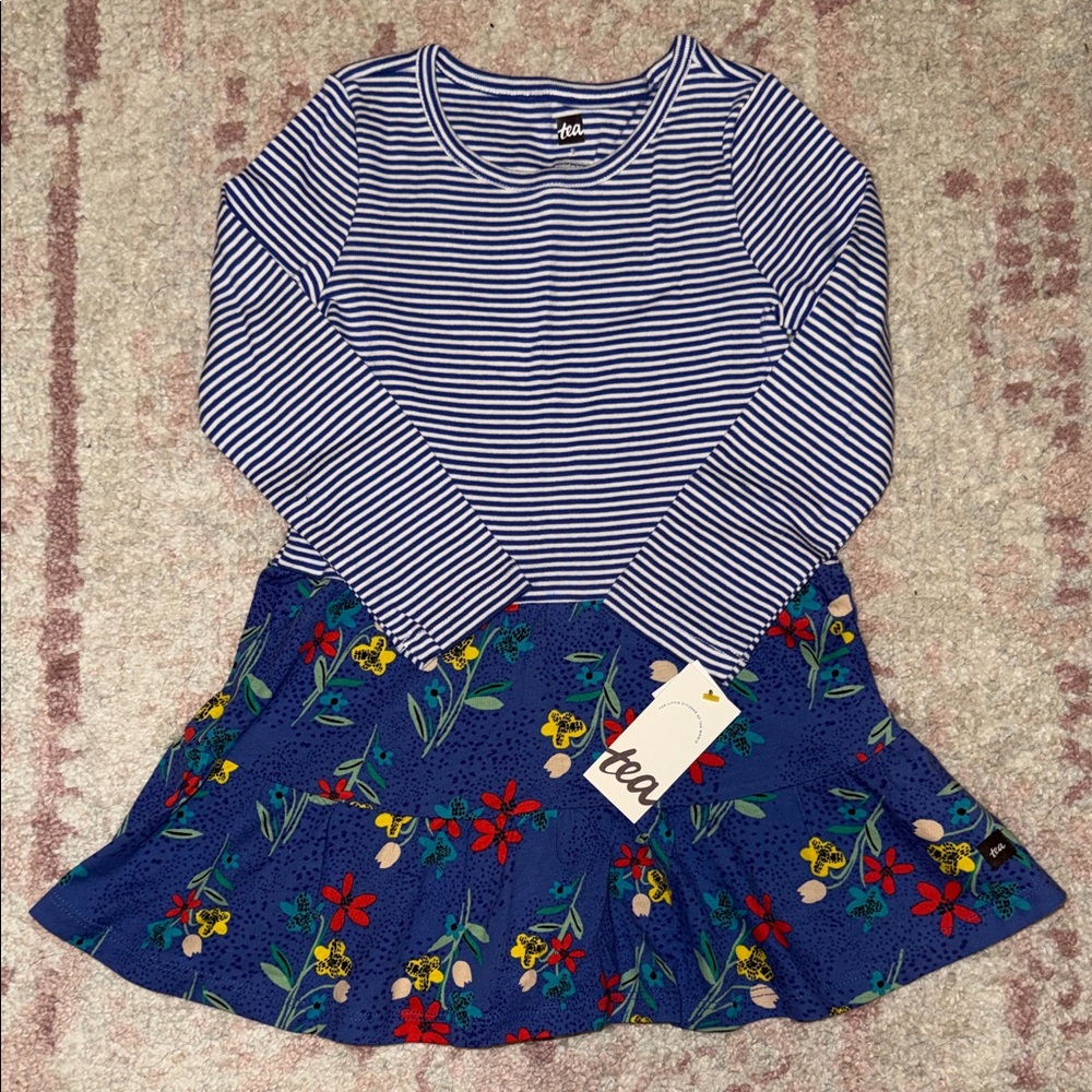 Tea Collection Blue Striped Floral Dress - Size 3 NWT